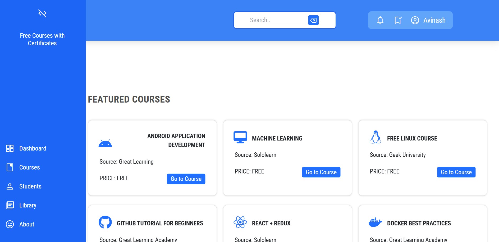 Free Courses with Certificates - Education / Resources project using HTML, CSS